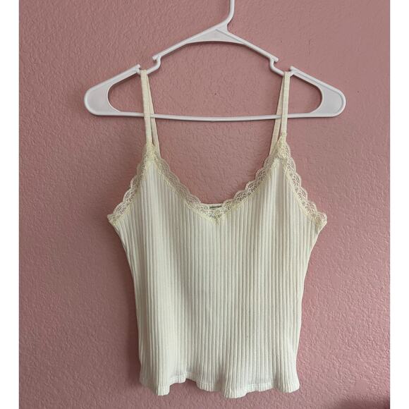 Topshop Tops - Topshop Lace Trim V Neck White Crop Cami Ribbed Top Size 12 Large Romantic NWT